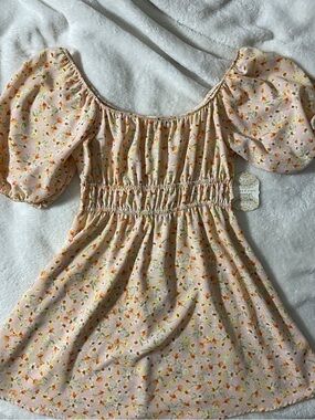 Altar'd State Peach Floral Puff-Sleeve Mini Dress